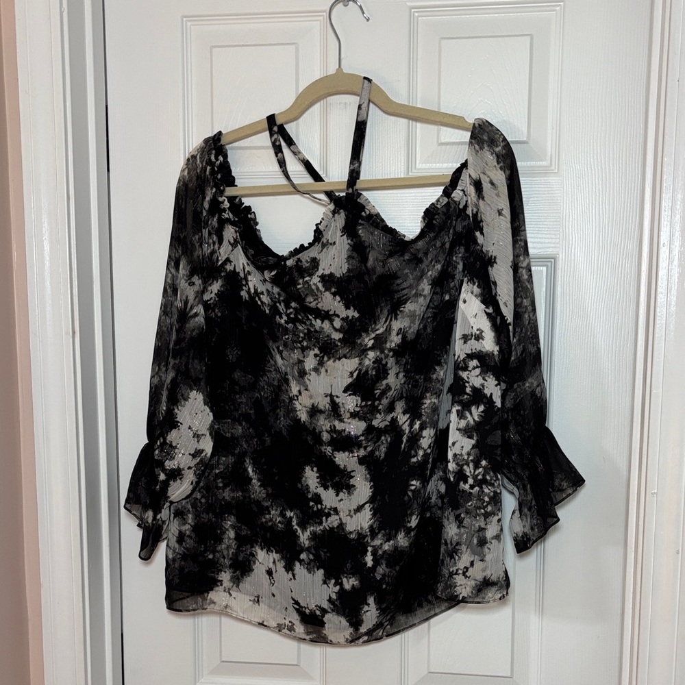 INC International Concepts Women’s Plus Size Black and White Tie-Dye Blouse- 2X